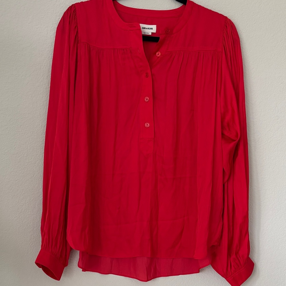 Zadig & Voltaire NWT Bright Red satiny Button-Front Gathered Blouse
